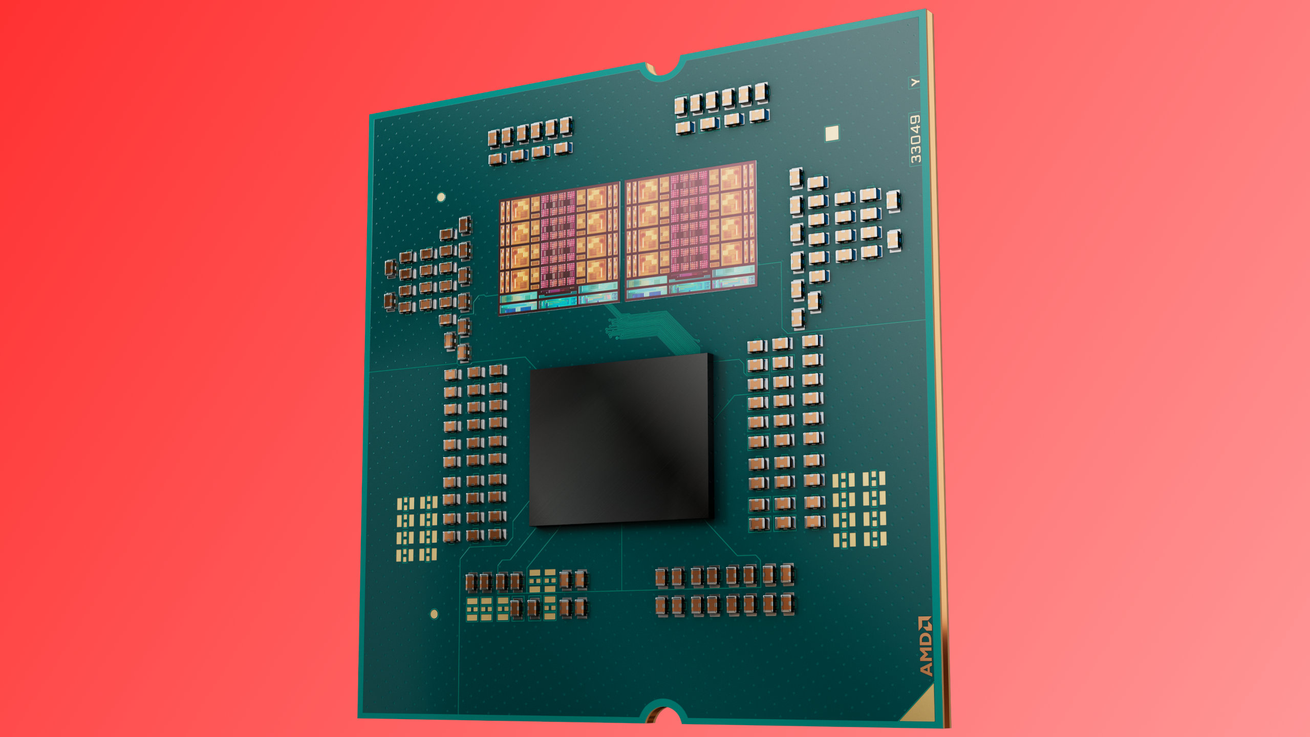 A rendered image of an AMD Zen 5 Granite Ridge processor, with the heatspreader removed to show the dual CCDs and single IOD.