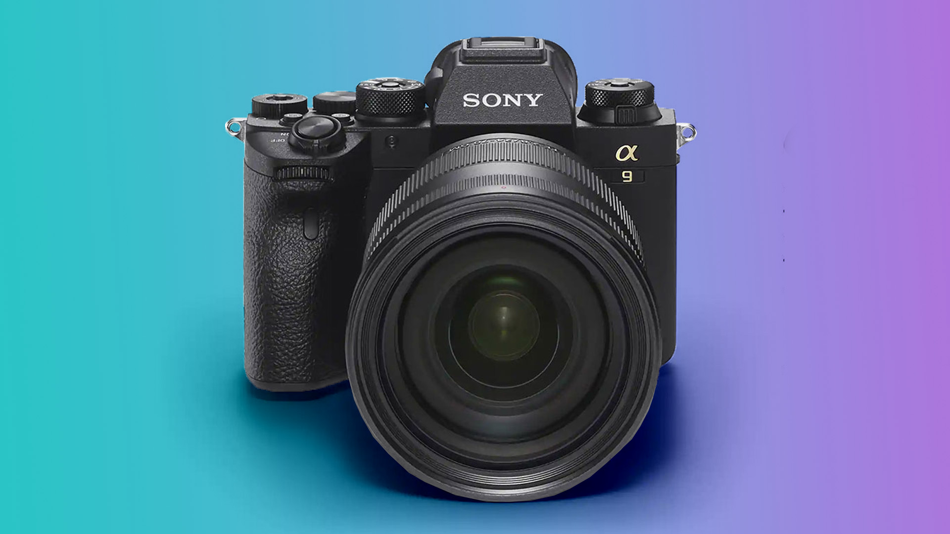 The Sony A9 II camera on a blue and purple background