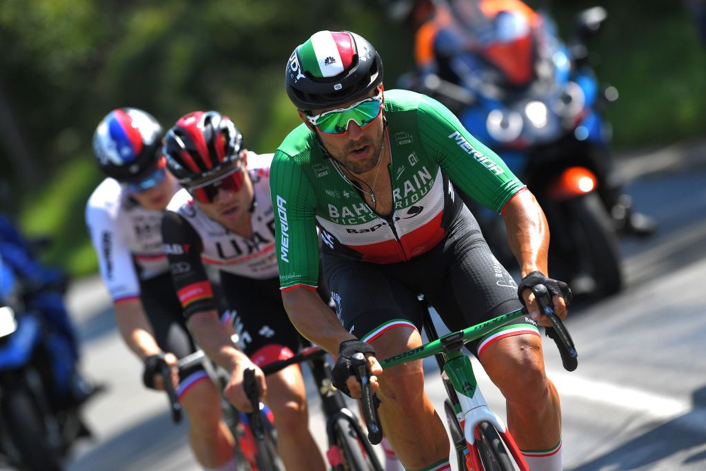 HOUFFALIZE BELGIUM SEPTEMBER 04 Sonny Colbrelli of Italy and Team Bahrain Victorious competes in the breakaway during the 17th Benelux Tour 2021 Stage 6 a 2076km stage from OttigniesLouvainlaNeuve to Houffalize BeneluxTour on September 04 2021 in Houffalize Belgium Photo by Luc ClaessenGetty Images