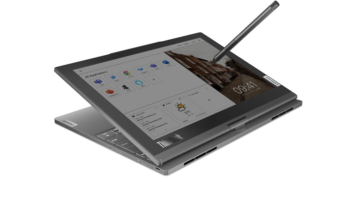 Lenovo ThinkBook Twist, partially open with stylus and e-ink display on back.
