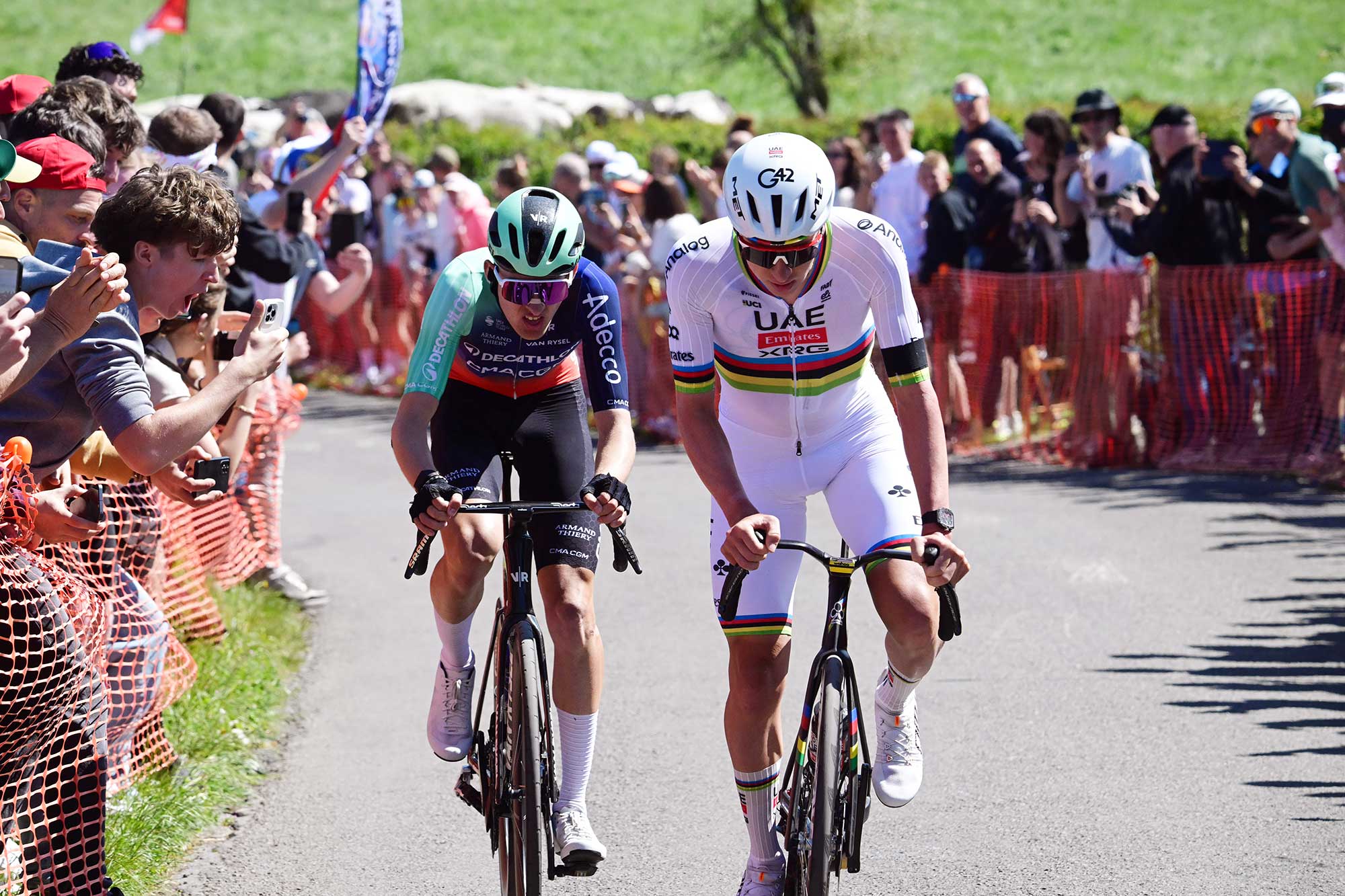 Paul Seixas of Team Decathlon CMA CGM and Tadej Pogacar of UAE Team Emirates - XRG compete in the breakaway during Liege - Bastogne - Liege 2026 - (Photo by Bernard Papon - Pool/Getty Images)