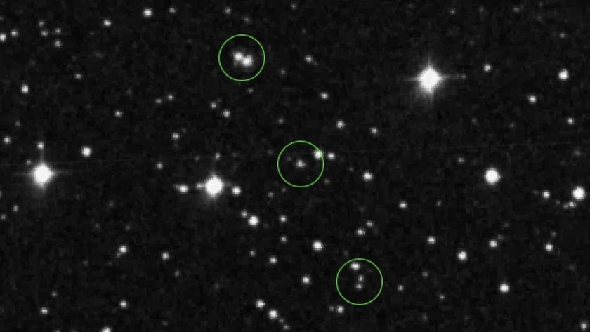 images of stars on a black background, with what appear to be other stars among them circled by dotted lines