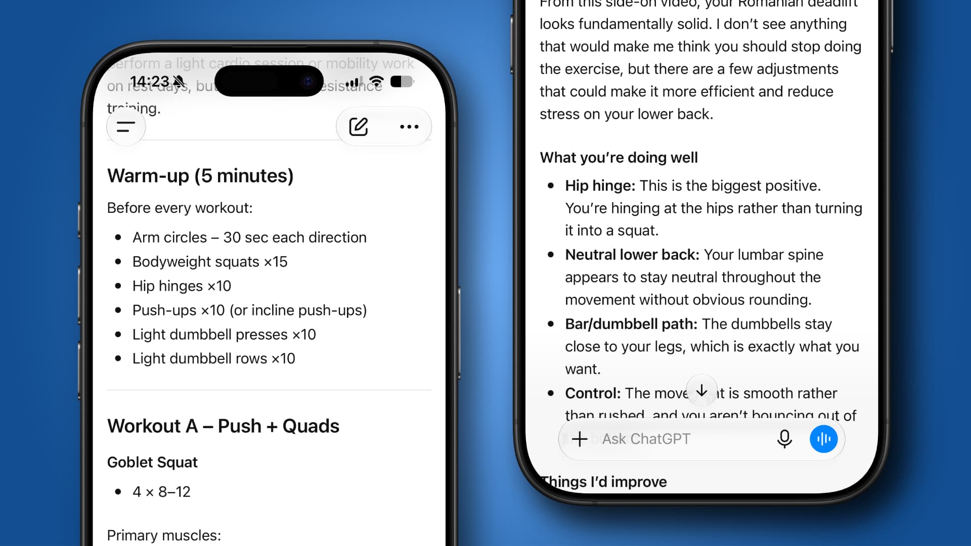 Two iPhones showing ChatGPT on-screen. The AI is giving workout advice.