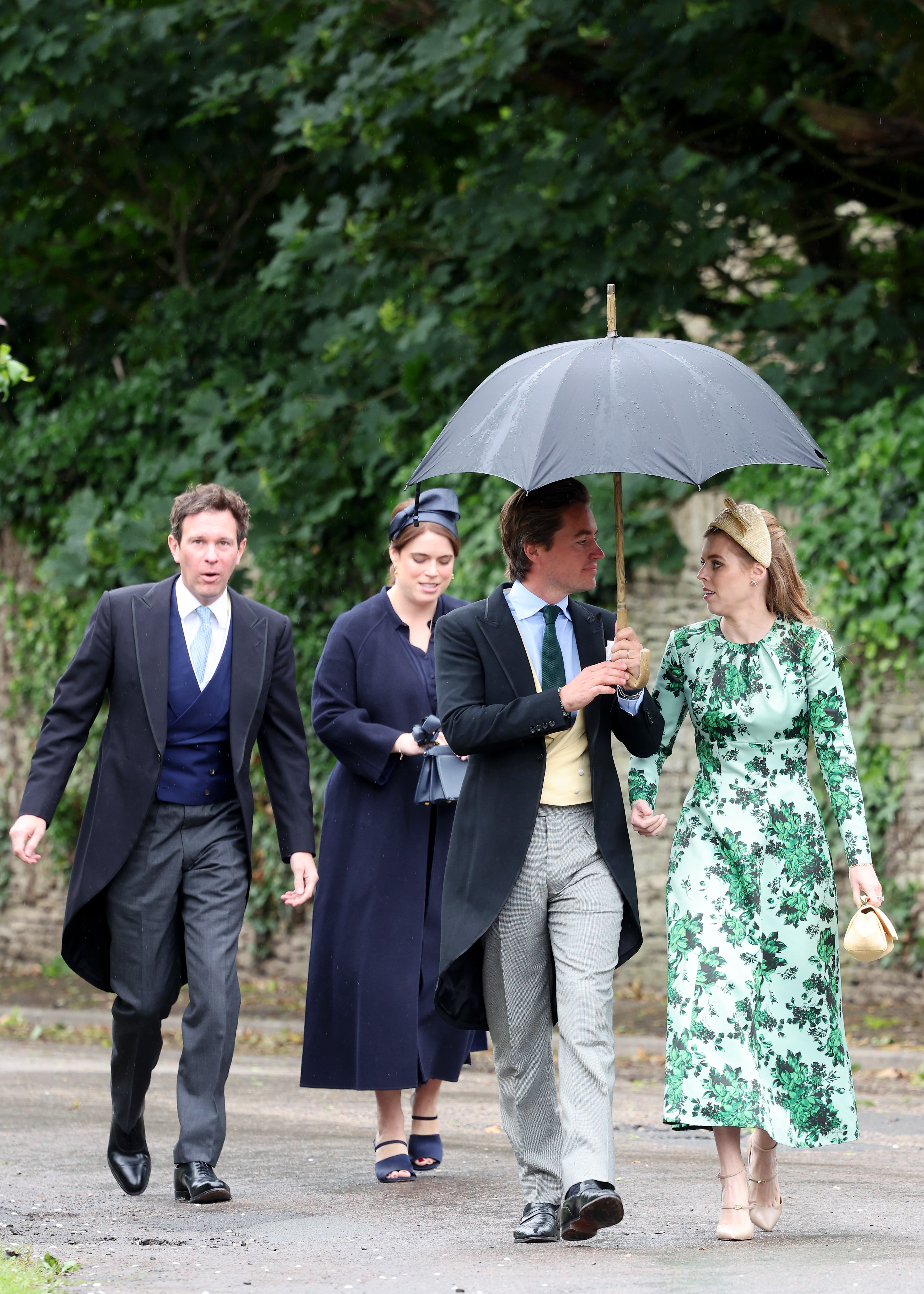 Jack Brooksbank, Princess Eugenie, Edoardo Mapelli Mozzi and Princess Beatrice of York arrive for the royal wedding of Peter Phillips and Harriet Sperling at All Saints' Church on June 06, 2026