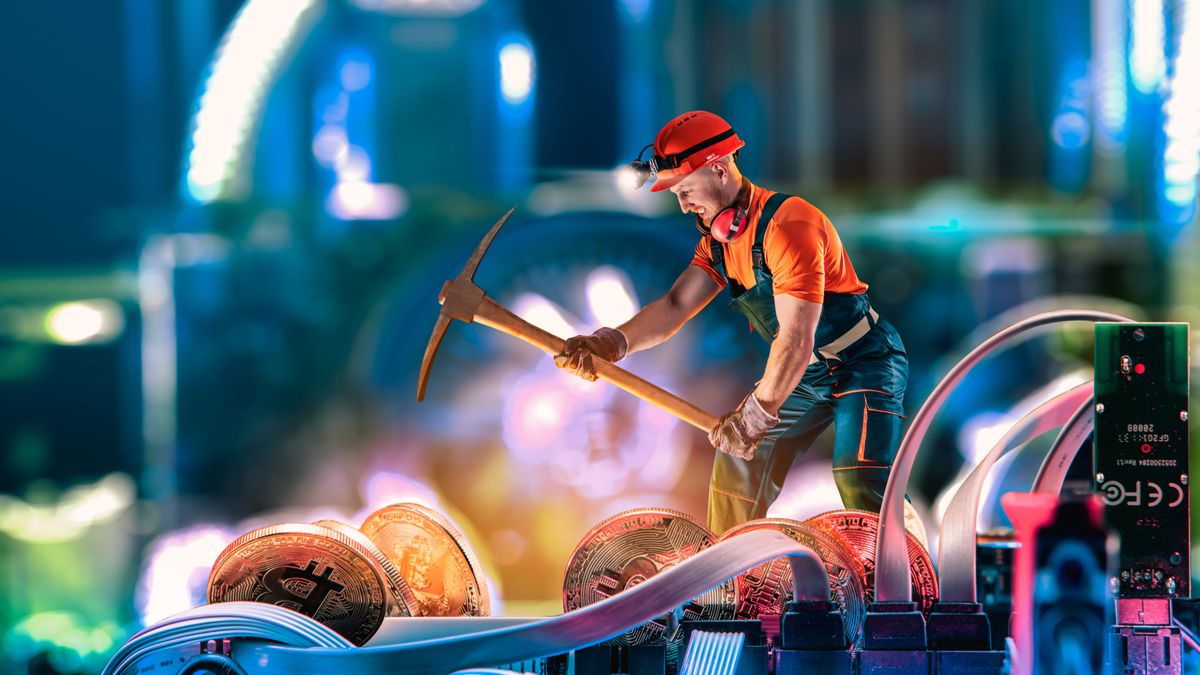 Reprensentational image depicting a mine worker toiling to mine cryptocurrency