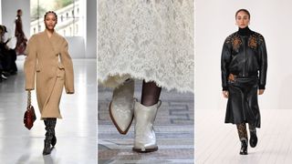 Three models on the runway showing boot trends 2023 - cowboy boots