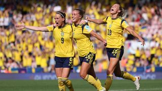 Sweden players celebrate ahead of the Women's World Cup 2023 semi-final and the Spain vs Sweden live stream