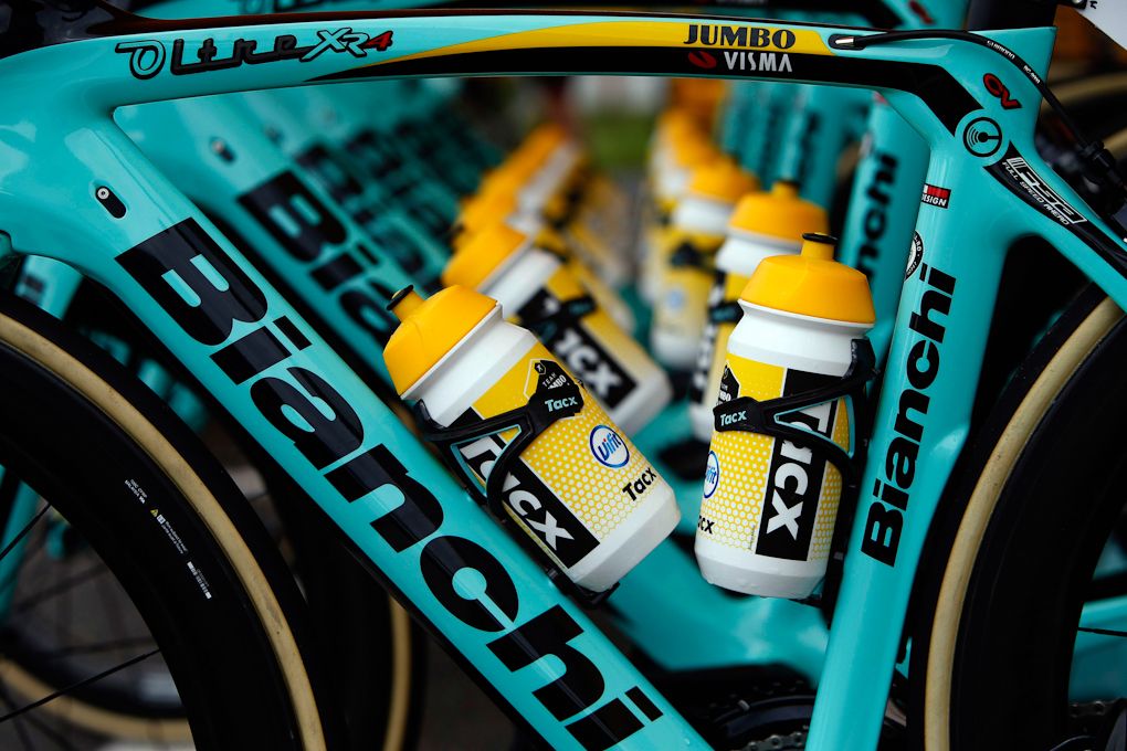 Bianchi bikes lined up for stage 1 at the ZLM Tour