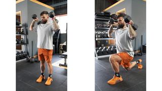 Scott Britton demonstrates two positions of the front rack dumbbell lunge
