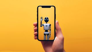 Hand holding iPhone 14 with a digital AI assistant on the screen, yellow background