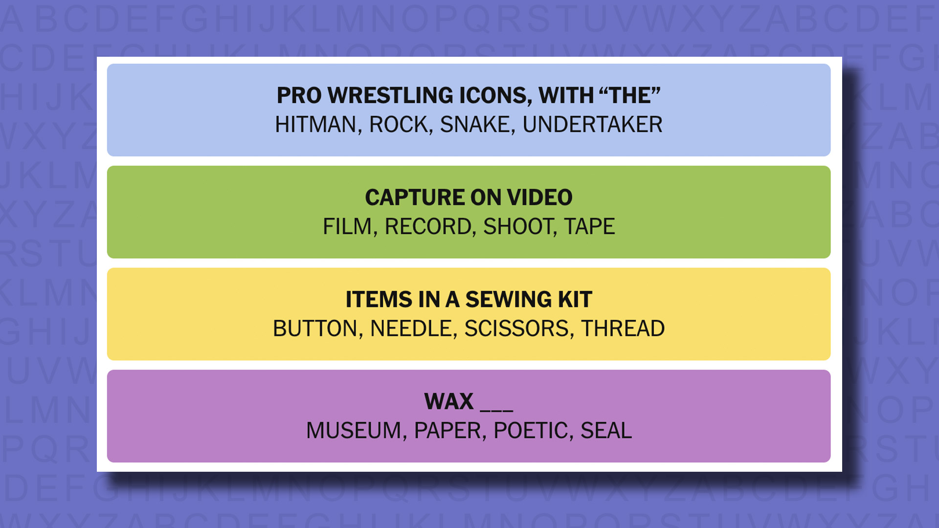 NYT Connections answers for game 740 on a purple background