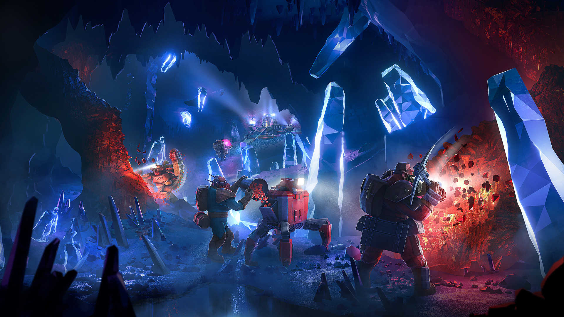 Dwarves mining a crystalline cavern together in Deep Rock Galactic.