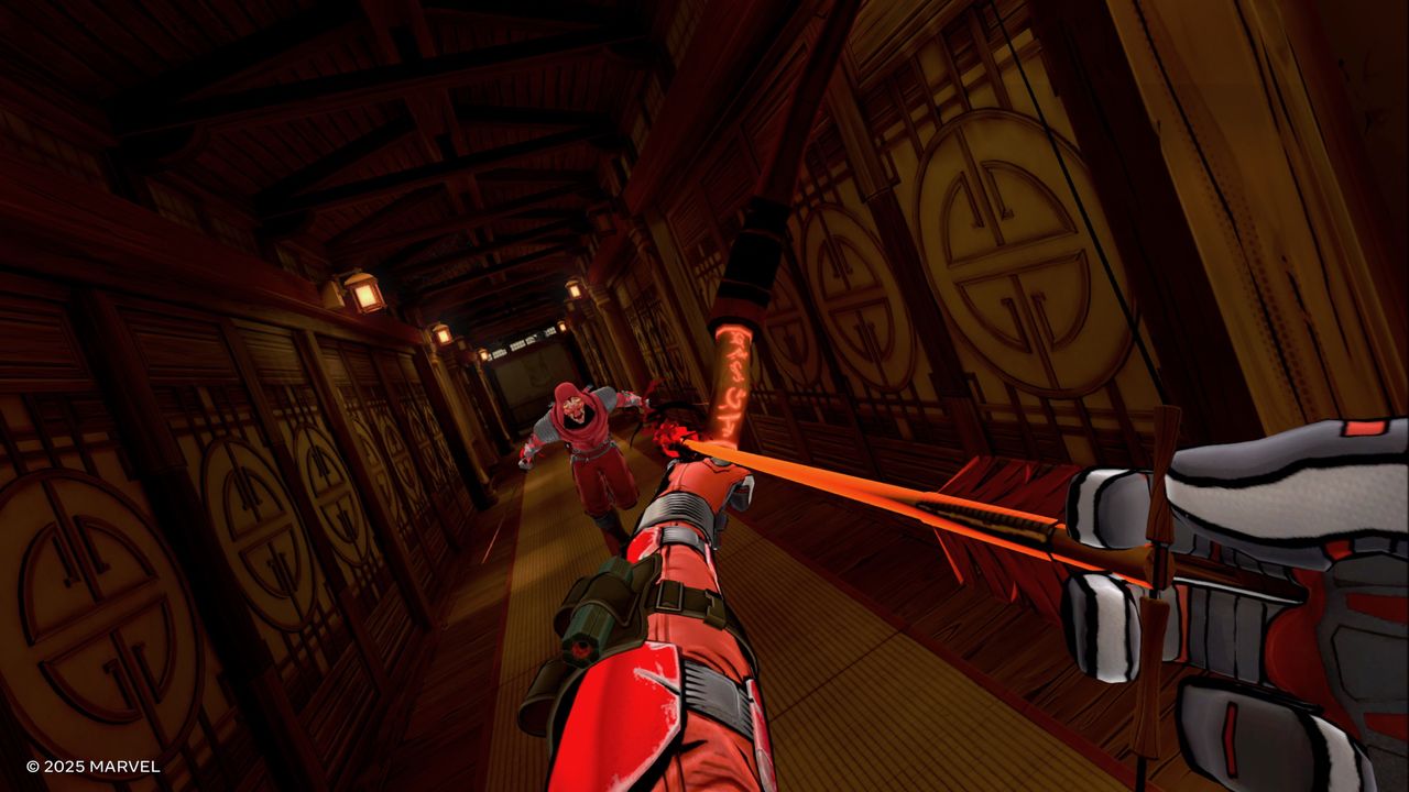 A Deadpool VR screenshot showing the player holding a bow and arrow, pointing at a charging ninja enemy.