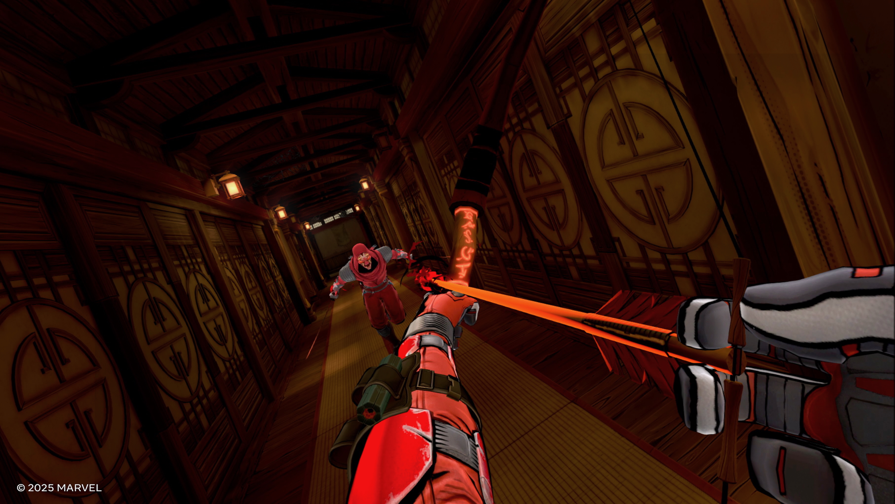 A Deadpool VR screenshot showing the player holding a bow and arrow, pointing at a charging ninja enemy.