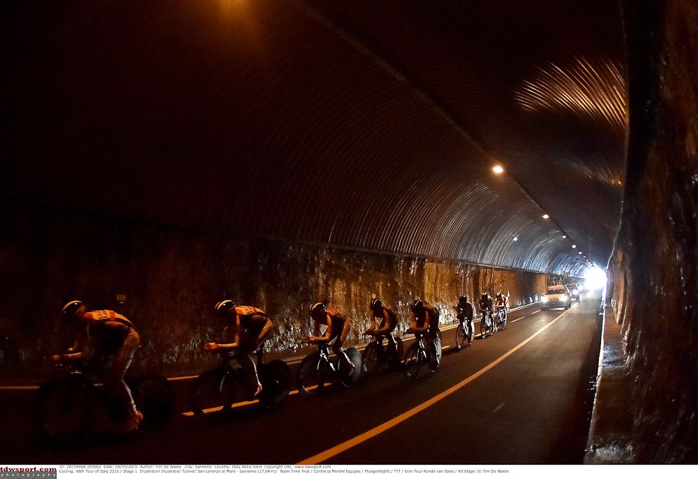 Riders tackle a tunnel during the Giro's team time trial.