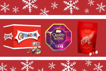 a box of celebrations, quality street and Lindt chocolates on a red background with snow flakes