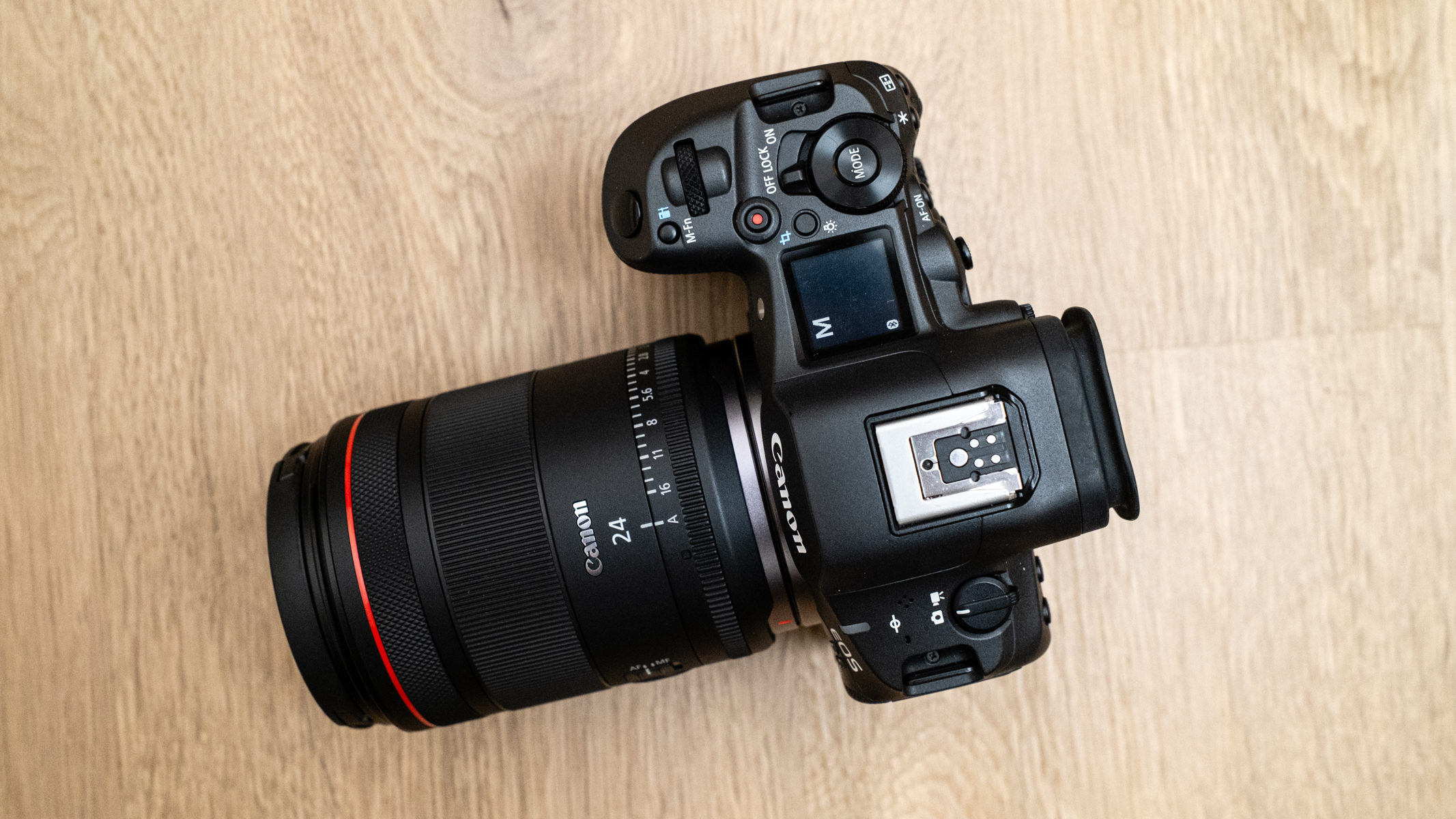 Canon EOS R5 Mark II top view with RF 24mm f/1.4L lens attached