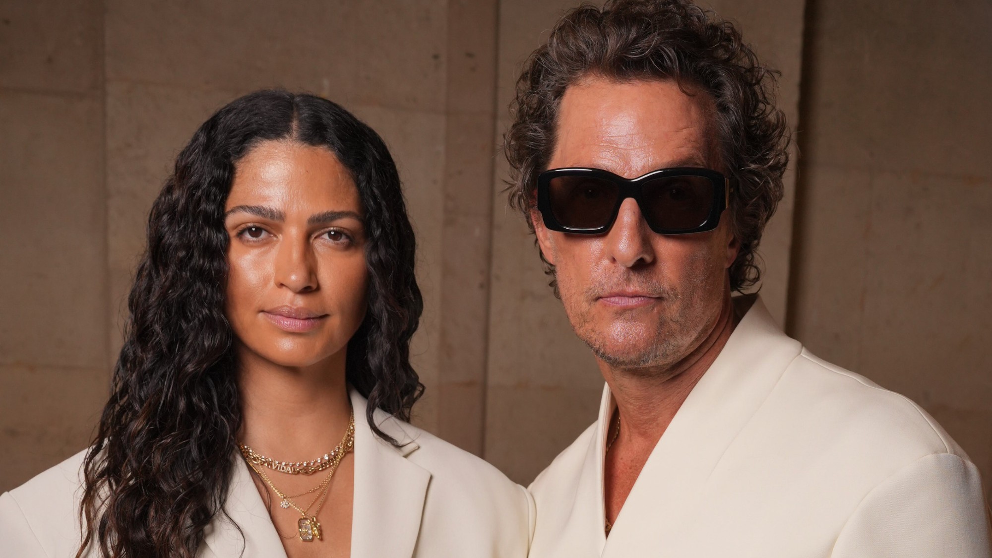 Camilla Alves, Matthew McConaughey at the Jacquemus show as part of Paris Men's Fashion Week held at Ch&acirc;teau de Versailles on June 29, 2025 in Paris, France. 