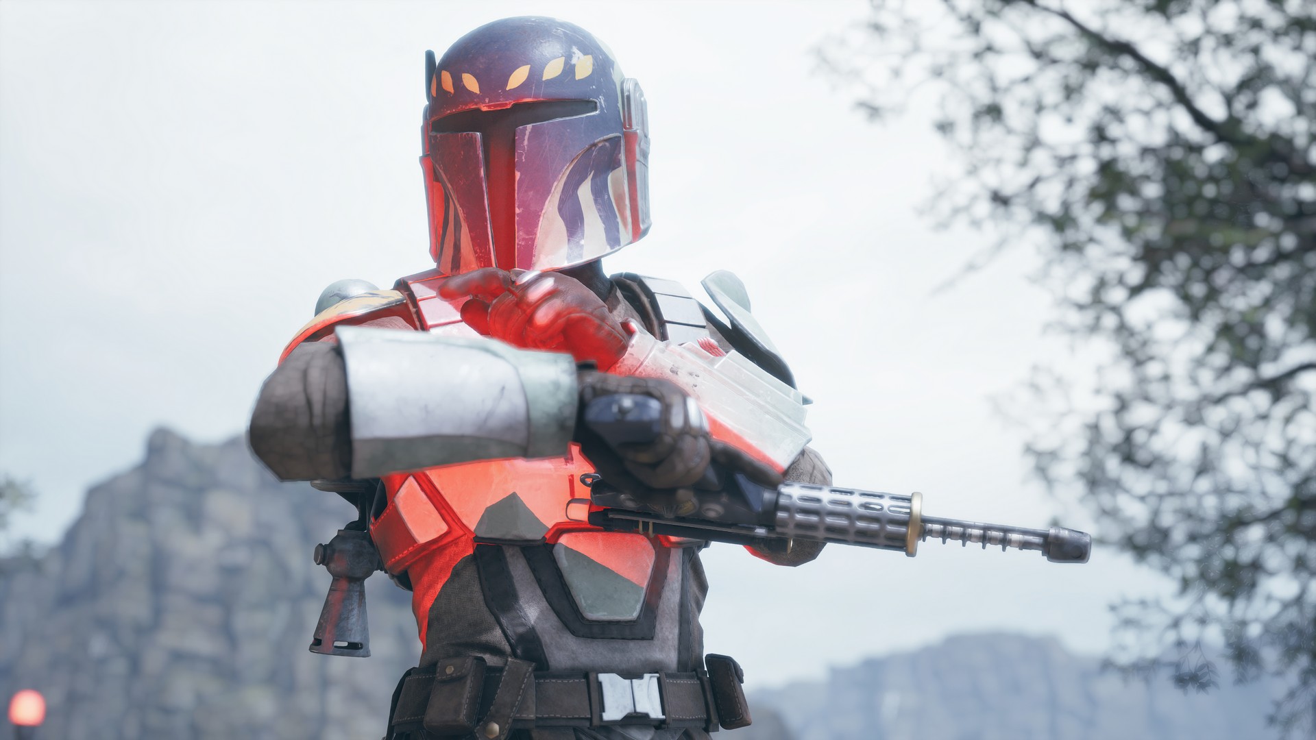 A character wears Mandalorian armor in a battle close-up in Star Wars Zero Company