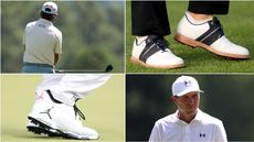 The back of Cameron Young, Jordan Spieth looks on, two close ups of golf shoes