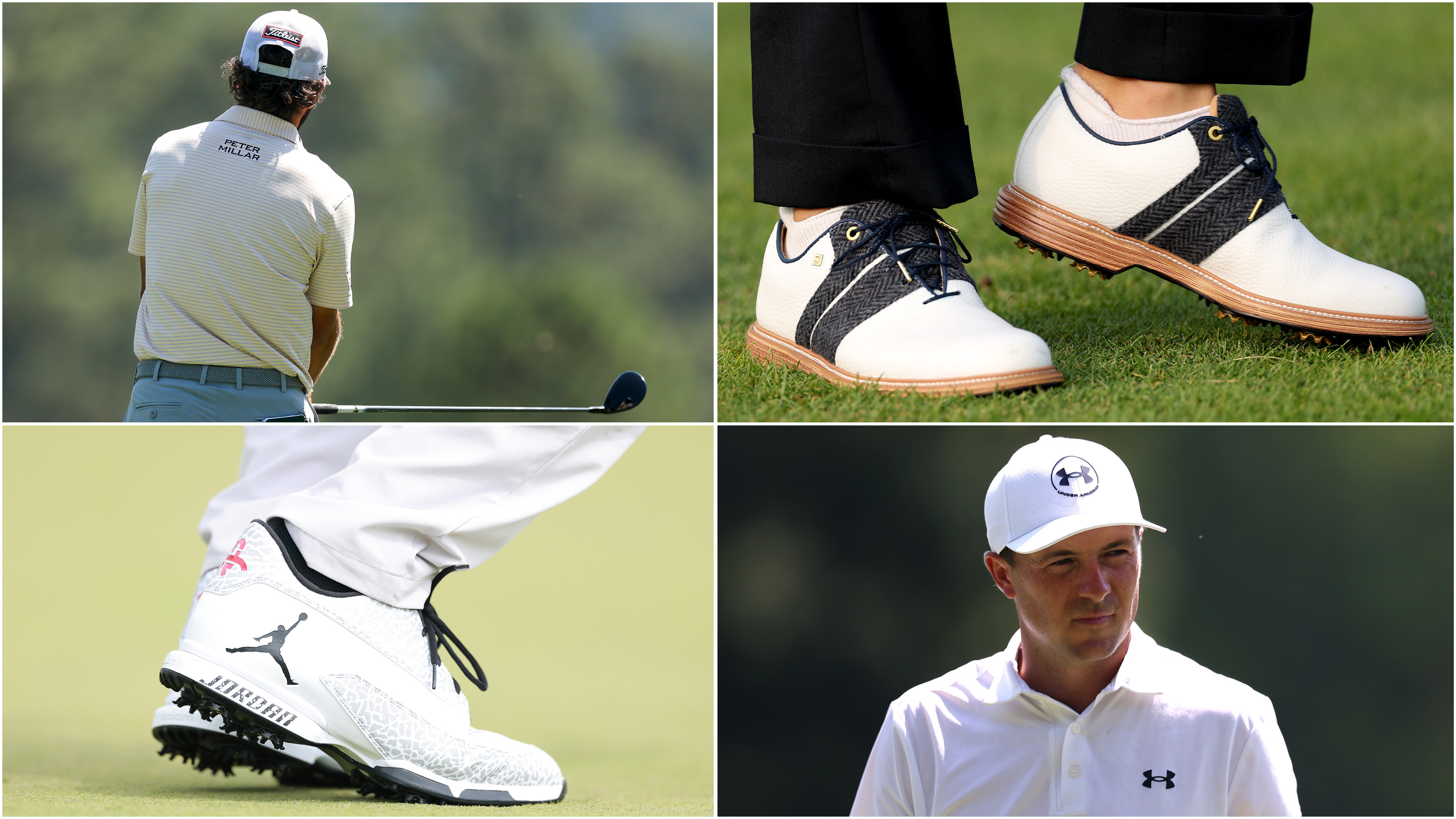 The back of Cameron Young, Jordan Spieth looks on, two close ups of golf shoes