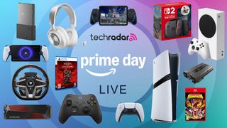A host of gaming consoles and devices on a blue and turquoise background with Prime Day live text