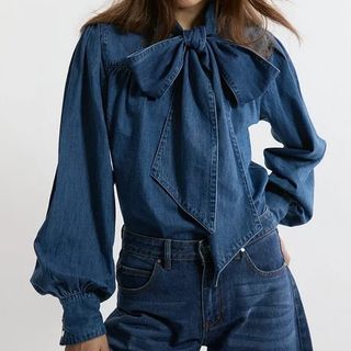 Karen Millen Denim Pussybow Blouse