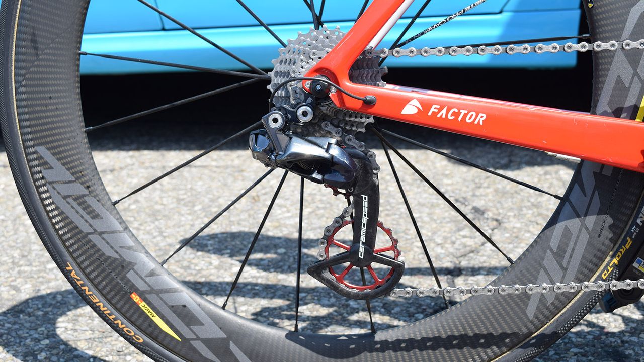 AG2R La Mondiale are one of several WorldTour teams to use CeramicSpeed's OSPW system, with Dillier receiving custom red jockey wheels to match his frame