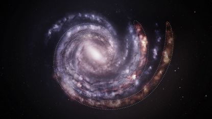 An illustration of the Milky Way in purple with the new locations of two of its largest arms in red