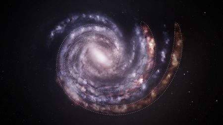 An illustration of the Milky Way in purple with the new locations of two of its largest arms in red