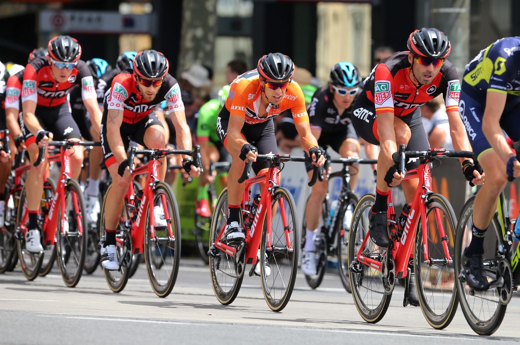 Fran Ventoso (BMC) keeping Richie Porte safe during the final stage of the Tour Down Under