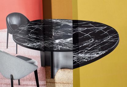 Collage of marble dining table by Rodolfo Dordoni for Minotti with black top featuring white veins