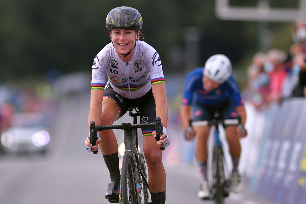PLOUAY FRANCE AUGUST 27 Arrival Annemiek Van Vleuten of The Netherlands Celebration Elisa Longo Borghini of Italy during the 26th UEC Road European Championships 2020 Womens Elite Road Race a 1092km race from Plouay to Plouay GrandPrixPlouay GPPlouay on August 27 2020 in Plouay France Photo by Luc ClaessenGetty Images