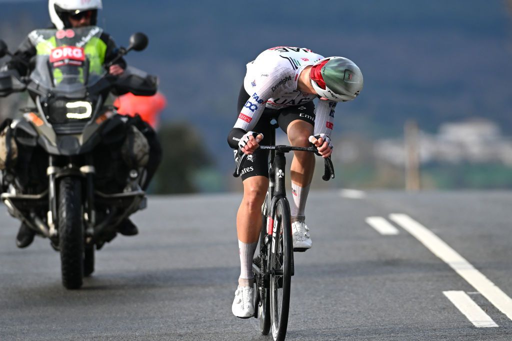 ESTELLALIZARRA SPAIN MARCH 30 Brandon Mcnulty of The United States and UAE Team Emirates attacks in the breakaway during the 33rd Gran Premio Miguel Indurain 2024 a 1981km one day race from EstellaLizarra to EstellaLizarra on March 30 2024 in EstellaLizarra Spain Photo by Tim de WaeleGetty Images