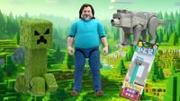 Selection of Minecraft Movie toys, including a Creeper, a Jack Black figurine, a Wolf and a Jack Black Pez dispenser