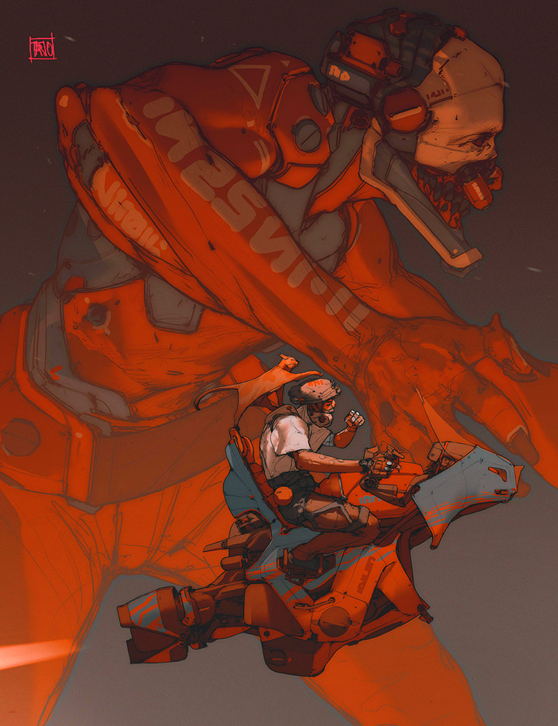 Sci-fi composition; a man riding a contraption with a cat
