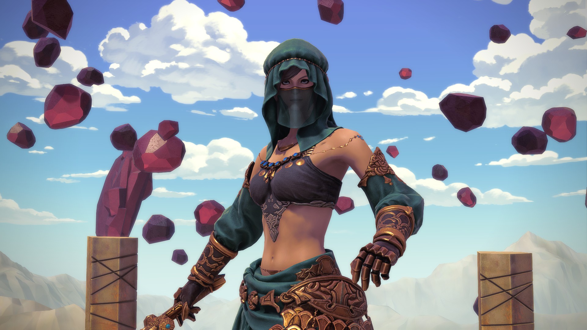 Several images from The Merchant's Tale, a colourful dungeon in Final Fantasy 14.