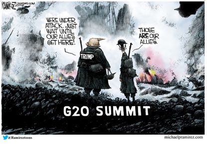 Political cartoon U.S. Trump G20 summit war allies