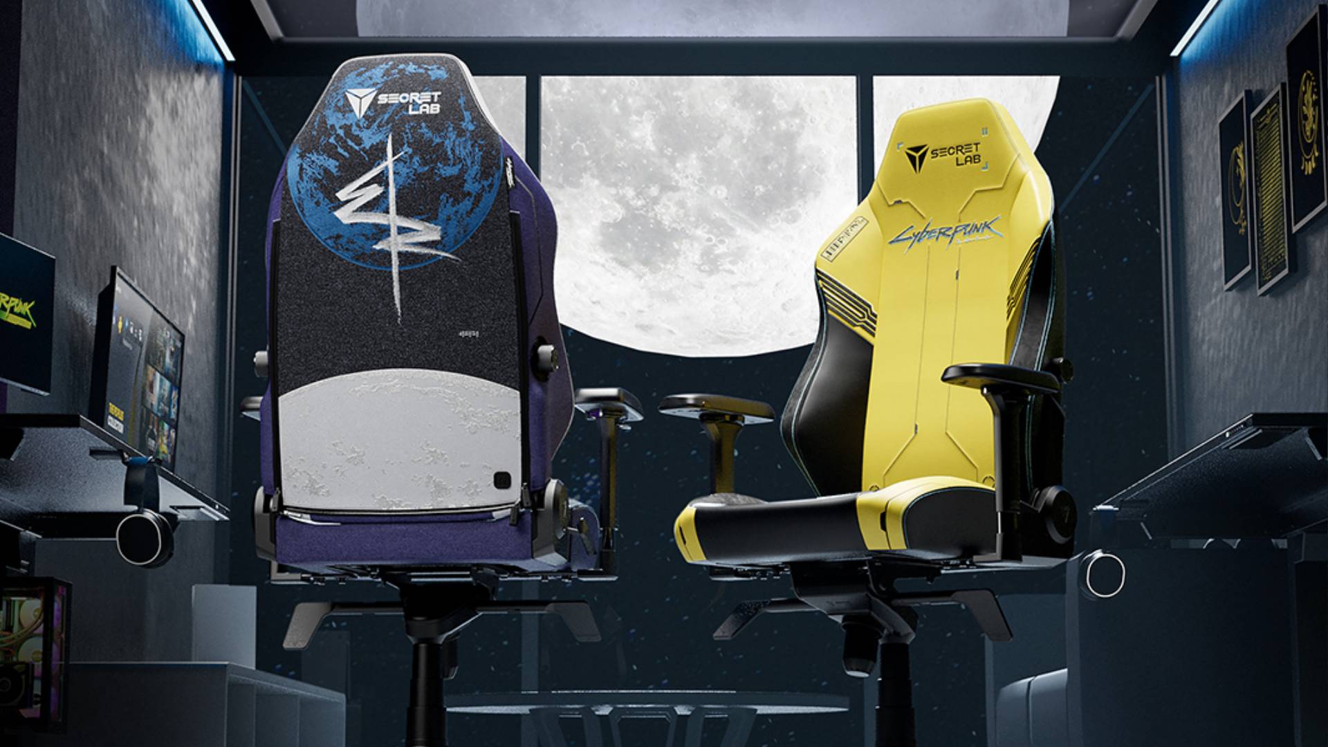 Official promo image of the Cyberpunk Edgerunners Secretlab chair skins on two chairs, sitting side by side with a moon visable through the windows behind them.
