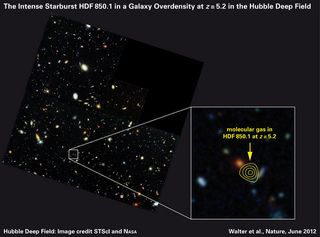 he Hubble Deep Field, with the position of the submillimeter galaxy HDF850.1 marked with contour lines. The lines represent the date of submillimeter observations of the galaxy; in visible light, it cannot be observed at all.