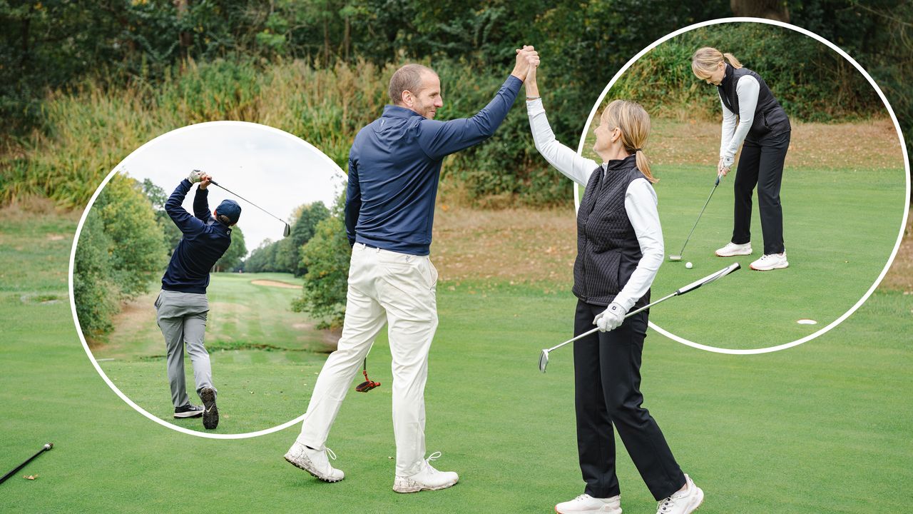 Dave Taylor and Alison Root celebrating achieving a golfing milestone by high-fiving, with inset images of two golfers trying to break 80, 90 or 100