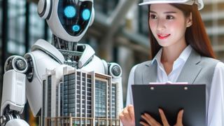 AI robot showcasing an AI generated construction design