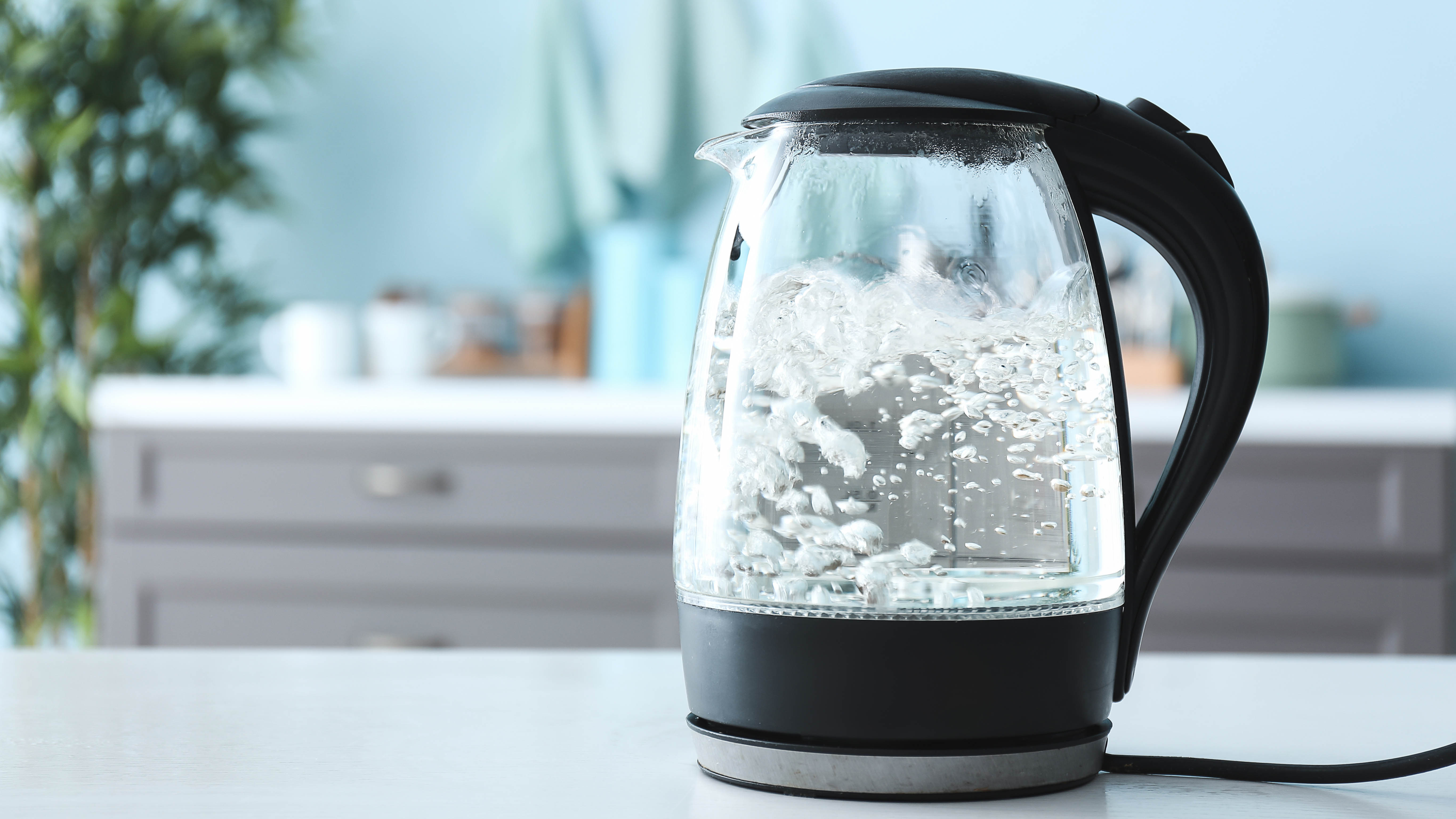 Стеклянный электрический чайник с кипящей водой на кухне