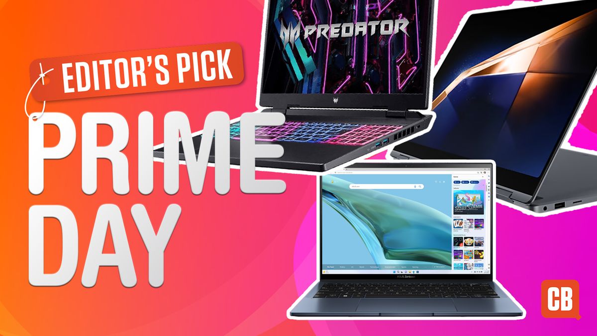 A collection of laptops on a red, pink and orange background for Prime Day laptop deals