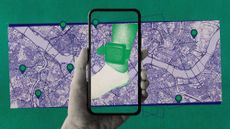 Photo collage of a smartphone, a map of Seoul, and a foot wearing an ankle monitor.