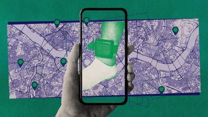 Photo collage of a smartphone, a map of Seoul, and a foot wearing an ankle monitor.