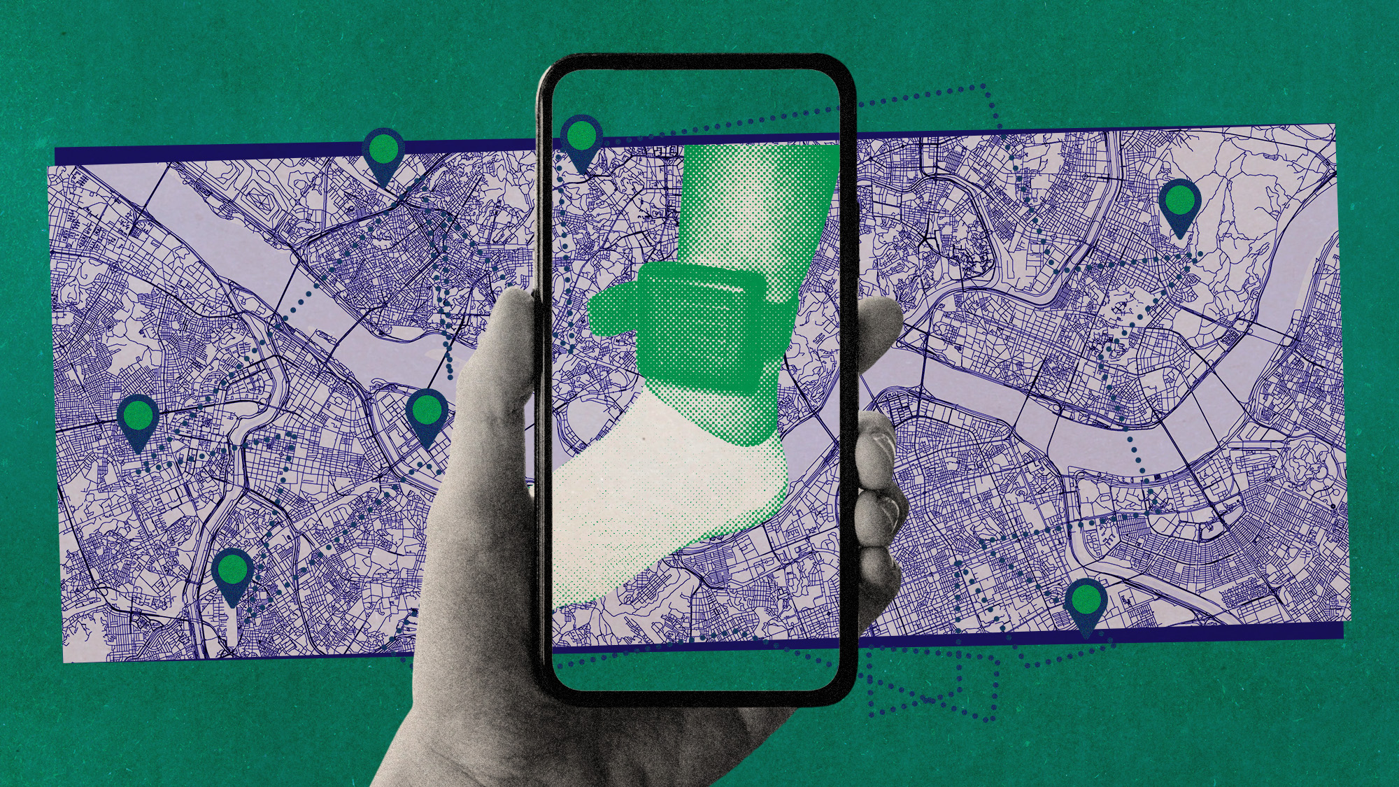 Photo collage of a smartphone, a map of Seoul, and a foot wearing an ankle monitor. 