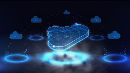 Cloud security concept image showing digitized cloud symbol above a circuit board with secondary cloud symbols surrounding. 
