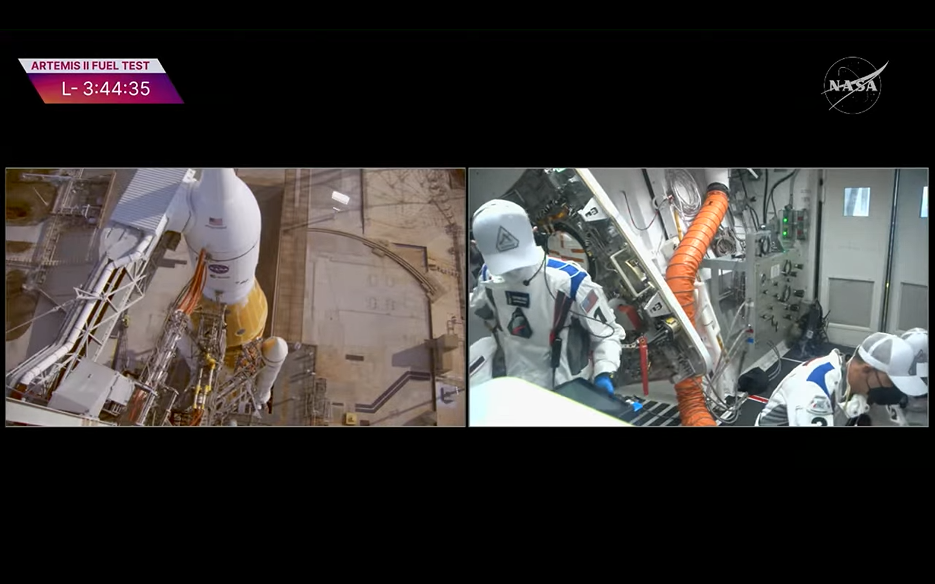 A split screen of a rocket being fueled for launch and three men in white overalls at the pad
