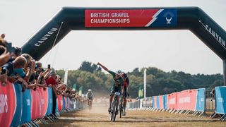 Joe Blackmore celebrates his win after beating Connor Swift in the UK National Gravel Championship